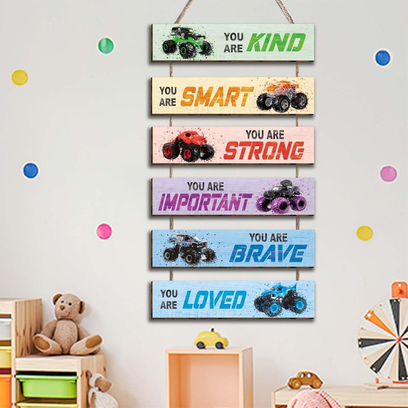 HIWERAN 6 Pcs Racing Car Decor Kids Room Decor, Racing Car Inspirational Positive Quotes Wall Art Decor Hanging Sign for Teens Bedroom, Works of Art Made of Wood, Works of Art of Wood, Placards of Woods - Image 3